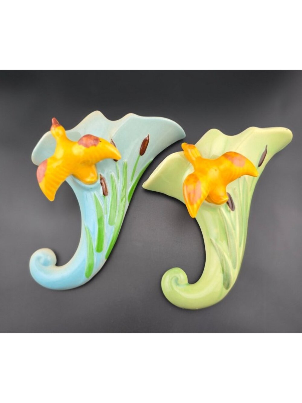 Vintage West Coast California Pottery Duck & Cattails Wall Pocket Pair READ